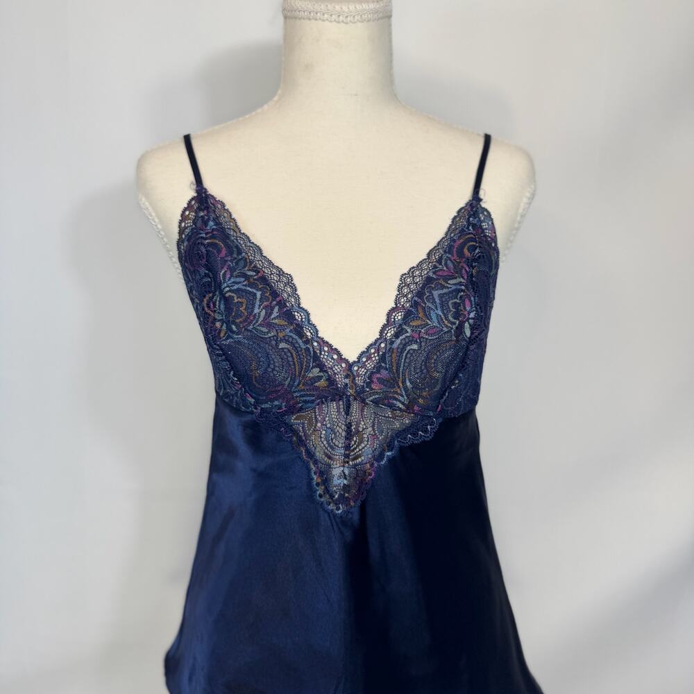 Y2K Satin Lace Babydoll Camisole Navy Lingerie Style Coquette Going Out Top Vtg - Picture 7 of 16